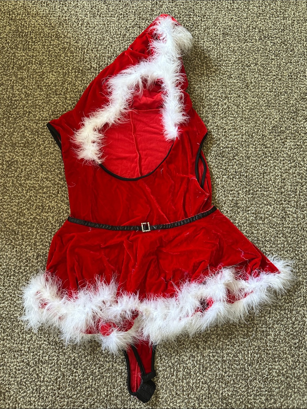 Women's Red Velvet Santa two piece with White Feather trim